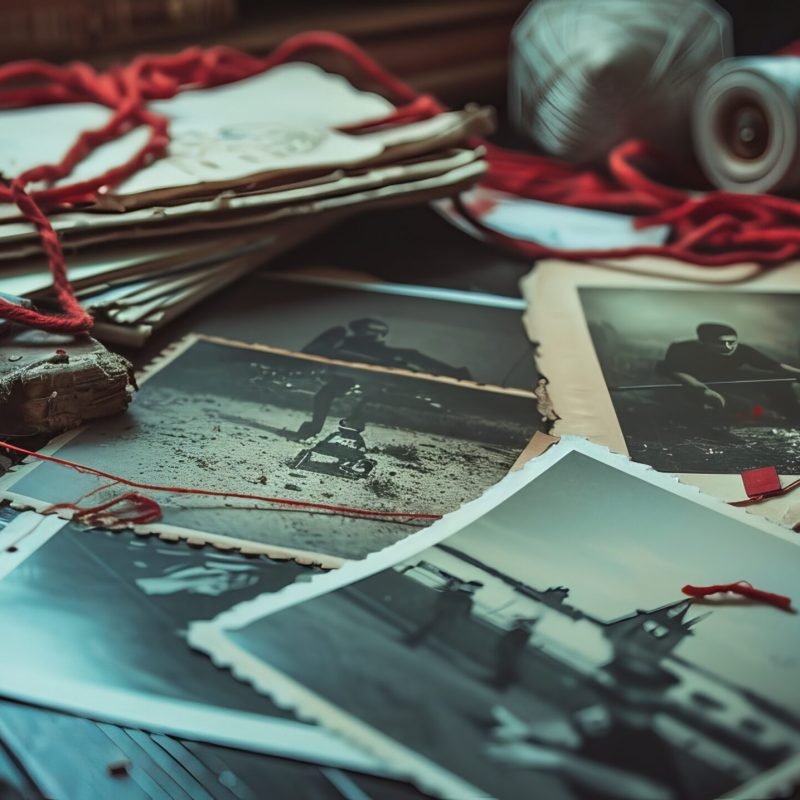 A retro-toned image of a detective board featuring photos of suspected criminals, crime scenes, and evidence, all connected by red threads, evoking a classic investigative aesthetic